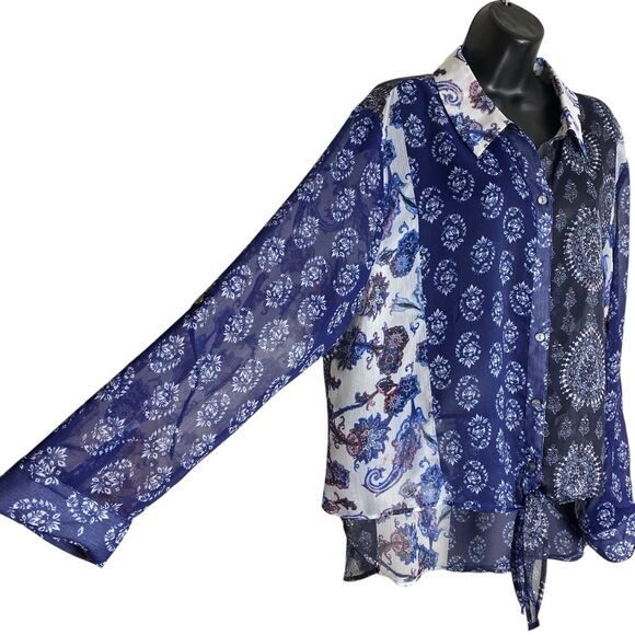 Chicos Top Womens 4 XXL Semi Sheer Blouse Roll Tab Button Up Tie Front Boho Chic - Picture 7 of 16